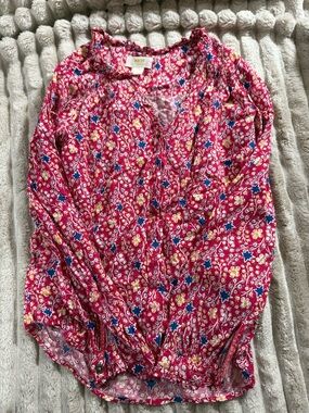 Maeve Red Floral Button-Down Blouse with Blue Star Accents